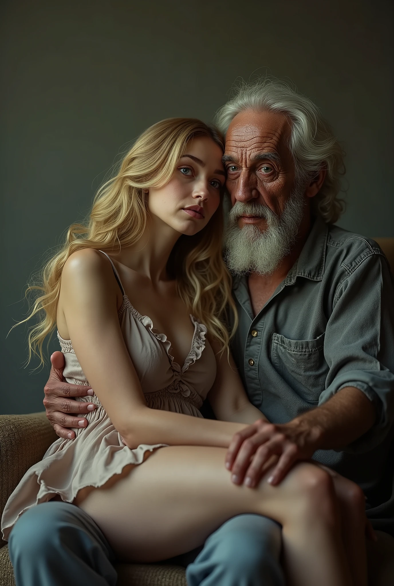 (Masterpiece, Best Quality, Beautiful Quality, Realistic, Extremely Detailed Skin, Extremely Detailed Hair, Big Breasts, Crop Top, Shadows, 8K:1.2), (Toilet, An Old Man and a Girl Tongue Kiss, Old Man Stroking Girl's, Girl Looks at Old Man Tongue Kiss Longingly, Girl Hook Navel Bare Back Off-the-Shoulder White Sand Tight Short Top, Miniskirt Long Legs, Girl Opens Her Thighs to Old Man: 3.0),