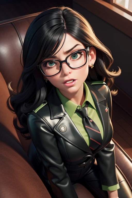obra prima, melhor qualidade, (lauren boebert 70yo) snarl expression, open mouth, eye winking, black medium length hair, black plastic glasses, pilot outfit, business blouse, necktie, (shiny bright green leather,) studs zippers, shiny leather gloves, body is skinny, laying back against couch cushion, arched back, grabbing cupping, overhead camera view, looking down at me, shallow depth of field, highres, HD, 8k, anatomically correct