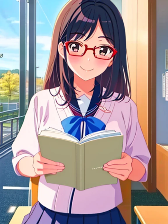 Masterpiece, 1girl, solo, Japanese student, teen, smiling, her appearance reflects her beauty and intelligence(she's wearing a black Japanese school uniform and red reading glasses)
