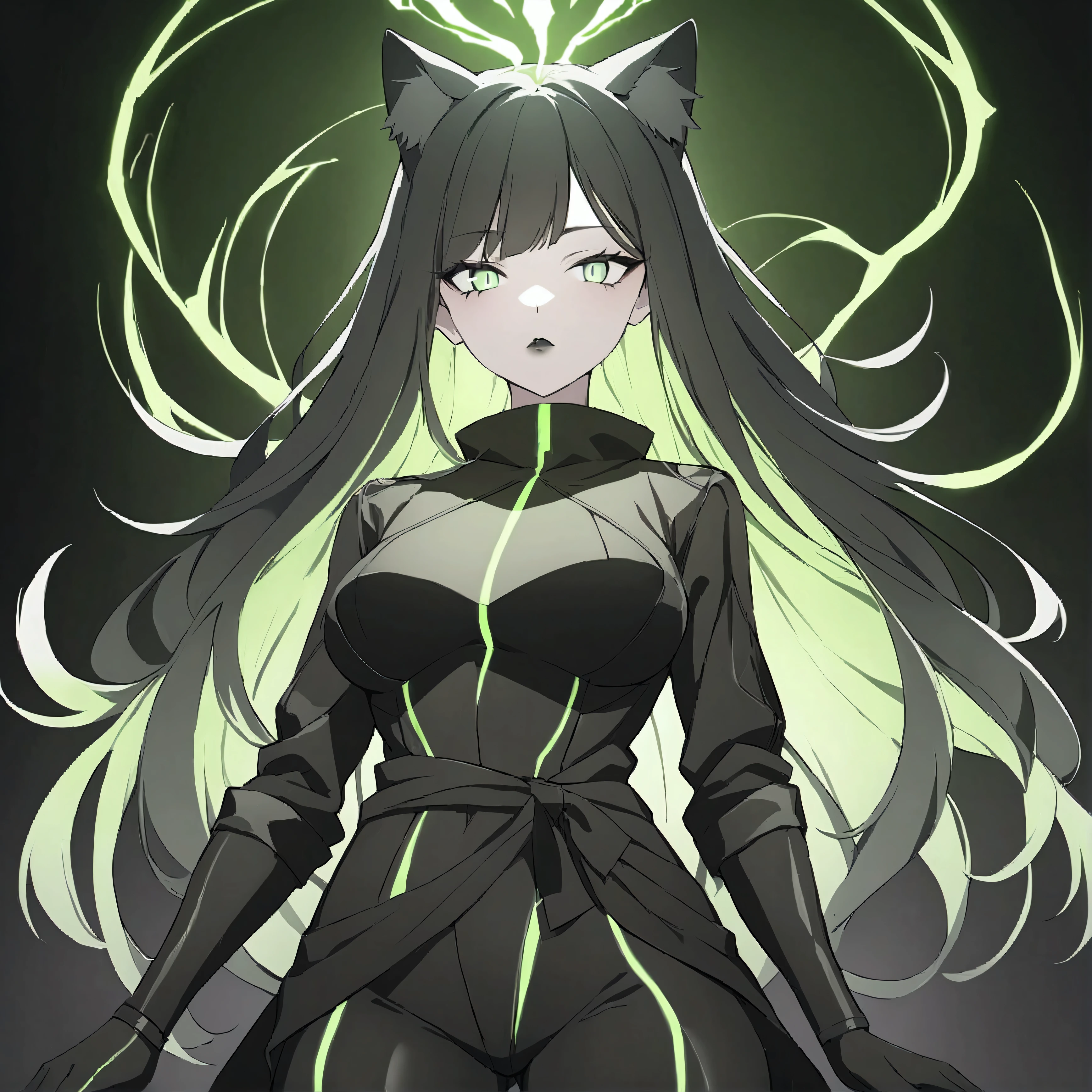create full body, and in Anime style, fully customized for YouTube music profile, : a 2 woman, standing at 1.60m, has light brown skin with subtle pink undertones that give her a soft beauty. Her long, straight black hair flows down to her waist, with fine white streaks appearing in her fringe, partially covering her left eye. Her silver eyes shine with a mysterious aura, enhanced by bold black Egyptian-style eyeliner that adds intensity to her feline-like gaze. Black cat ears sit atop her head, giving her a supernatural touch. Her lips are painted in matte black lipstick, with two sharp fangs slightly protruding.
She wears an all-black, minimalist and tight-fitting outfit, including a leather jacket and sleek pants that highlight her agile figure. A long, black fox tail sways subtly behind her, reinforcing her connection to the animal world. Her hands feature sharp nails, painted in matte black, ready to attack or defend.
The background around her blends darkness with flashes of neon green, creating a vibrant and eye-catching contrast. The neon green glow seems to emanate from details on her clothing and the tips of her cat ears, giving her both a supernatural and tech-like aura. The name "Seven King" shines in neon green letters in the background, emphasizing the strong and unique identity of the character.