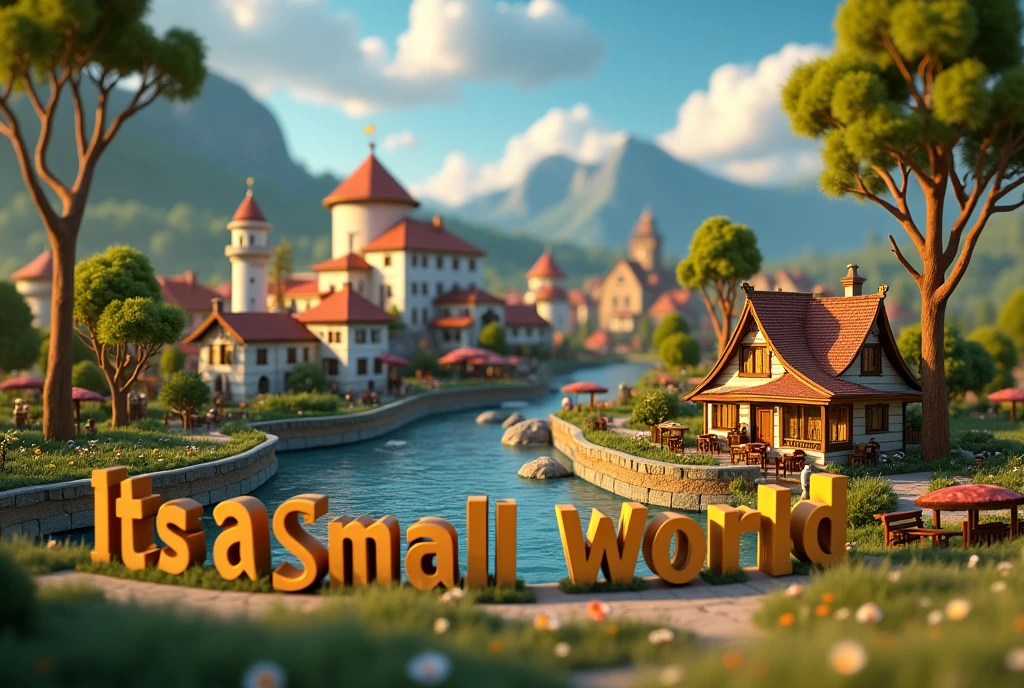 The words "It's a small world" written in large letters at the bottom of the screen, ((masterpiece, highest quality, Highest image quality, High resolution, photorealistic, Raw photo, 8K)), ((Extremely detailed CG unified 8k wallpaper)), Miniature Photography, a miniature town built on a table,