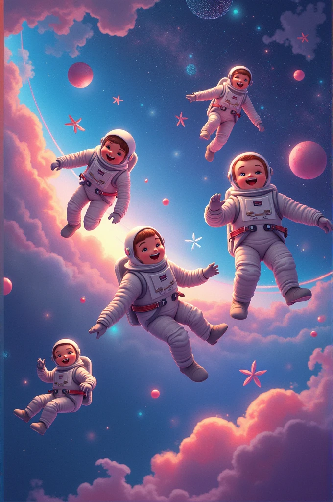 Robot and kids flying in space and planets around them.