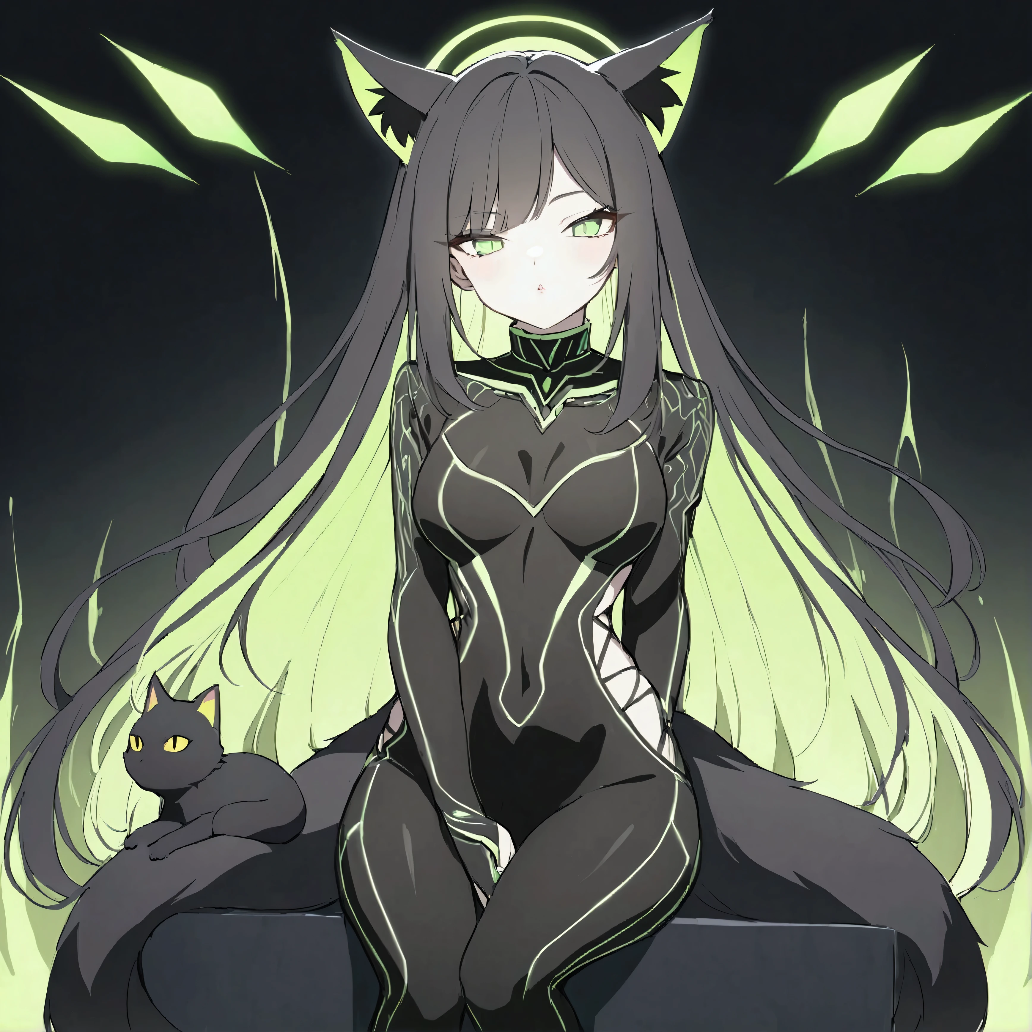 create full body, and in Anime style, fully customized for YouTube music profile, : a 2 woman, standing at 1.60m, has light brown skin with subtle pink undertones that give her a soft beauty. Her long, straight black hair flows down to her waist, with fine white streaks appearing in her fringe, partially covering her left eye. Her silver eyes shine with a mysterious aura, enhanced by bold black Egyptian-style eyeliner that adds intensity to her feline-like gaze. Black cat ears sit atop her head, giving her a supernatural touch. Her lips are painted in matte black lipstick, with two sharp fangs slightly protruding.
She wears an all-black, minimalist and tight-fitting outfit, including a leather jacket and sleek pants that highlight her agile figure. A long, black fox tail sways subtly behind her, reinforcing her connection to the animal world. Her hands feature sharp nails, painted in matte black, ready to attack or defend.
The background around her blends darkness with flashes of neon green, creating a vibrant and eye-catching contrast. The neon green glow seems to emanate from details on her clothing and the tips of her cat ears, giving her both a supernatural and tech-like aura. The name "Seven King" shines in neon green letters in the background, emphasizing the strong and unique identity of the character.