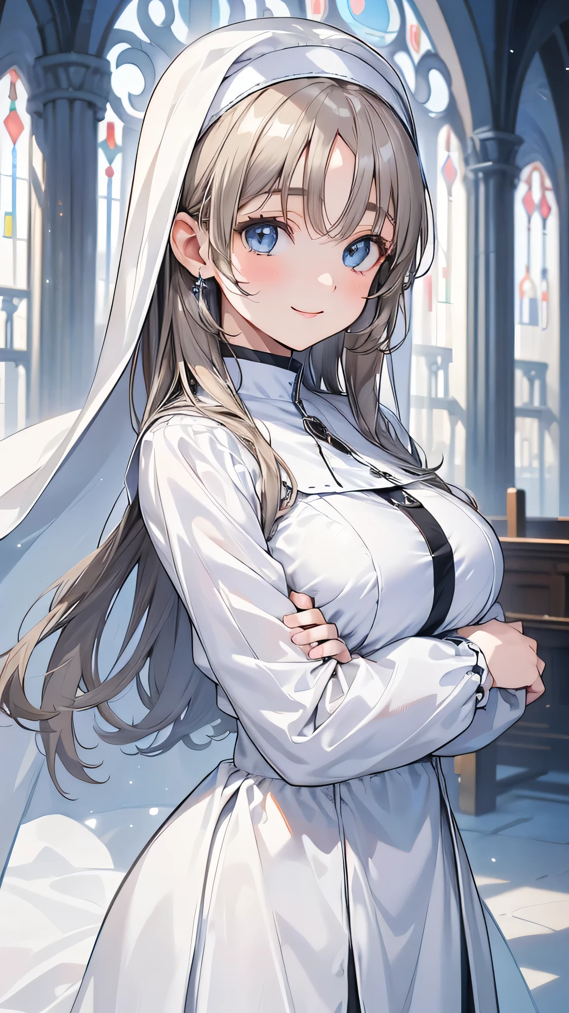 8k resolution,((Best Quality)),Ultra-high resolution,Adult women, Alone, sexy, (A kind smile), (Light blue eyes), A beautiful, symmetrical face, (White neat long hair),Elegant nun clothing,Long skirt,White nun hood,Realistic:1.4,Realistic:1.4,(masterpiece:1.2),Perfect Eyes,Perfect Eyes,church