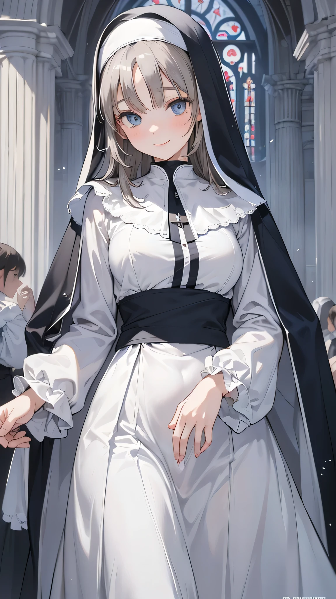 8k resolution,((Best Quality)),Ultra-high resolution,Adult women, Alone, sexy, (A kind smile), (Blue eyes), A beautiful, symmetrical face, (Gray neat long hair),Elegant nun clothing,Long skirt,White nun hood,Realistic:1.4,Realistic:1.4,(masterpiece:1.2),Perfect Eyes,Perfect Eyes,church