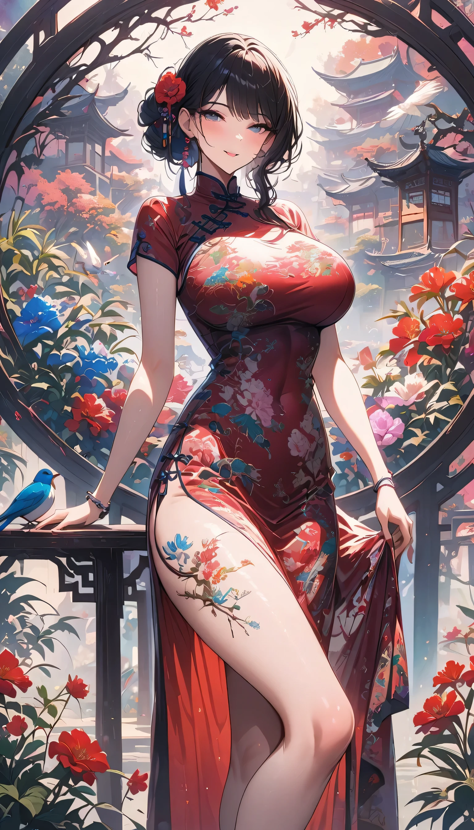 Squint,Wearing Chinese cheongsam,High-end fashion,Magazine Model,Fine details, Big colorful tattoo,Long spiral curls,Hair is soaked,Close Encounter,Beautiful scenery,Birdsong and Flowers,Side close-up,Huge Breasts,Aesthetic,Smile,Long legs,Leg decoration,High heel