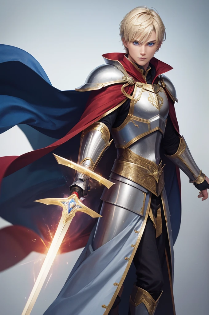 Man short blond hair, blue eyes, Silver and gold armor with red cape, two swords and magic aura around him  