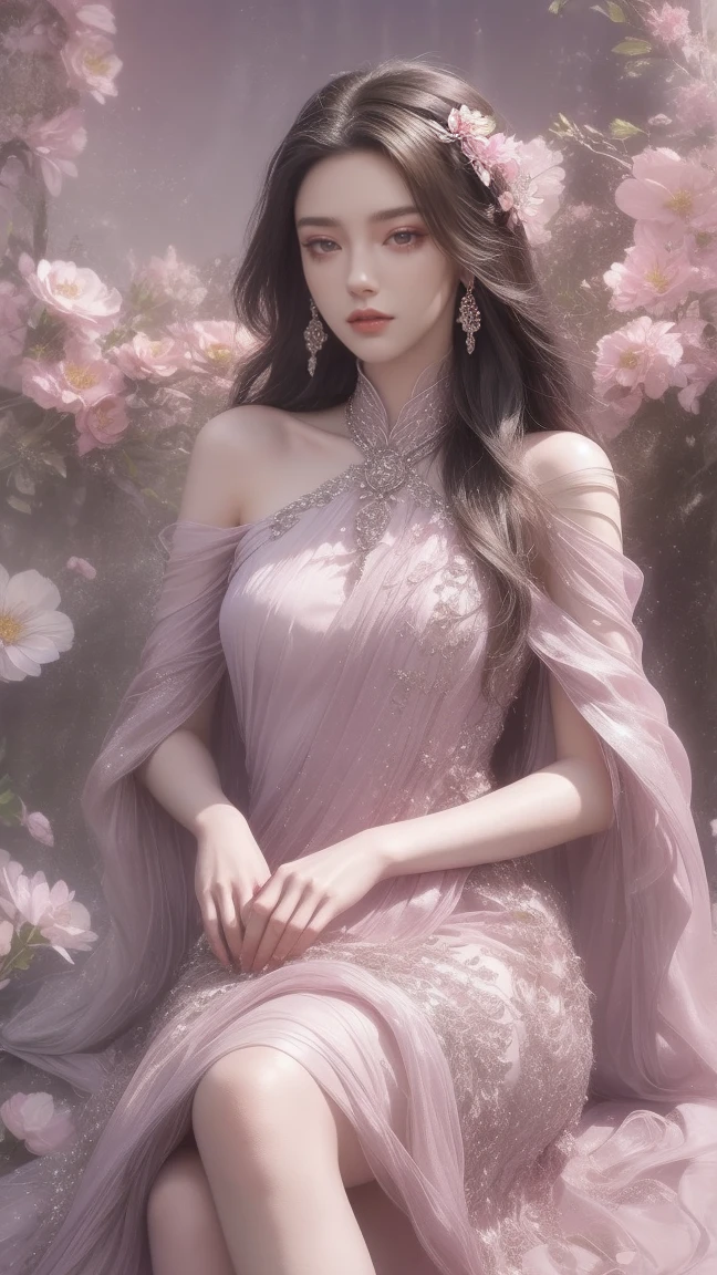 a woman with long, wavy black hair, wearing a light purple dress adorned with pink flowers. She is seated in front of a backdrop of white daisies and pink flowers, adding a pop of color to the otherwise monochromatic scene. The woman's dress is adorned with a silver chain, adorned with pearls, and a silver bracelet. Her left hand is resting on her lap, while her right hand is draped over her right shoulder. The backdrop is blurred, creating a stark contrast with the white flowers.