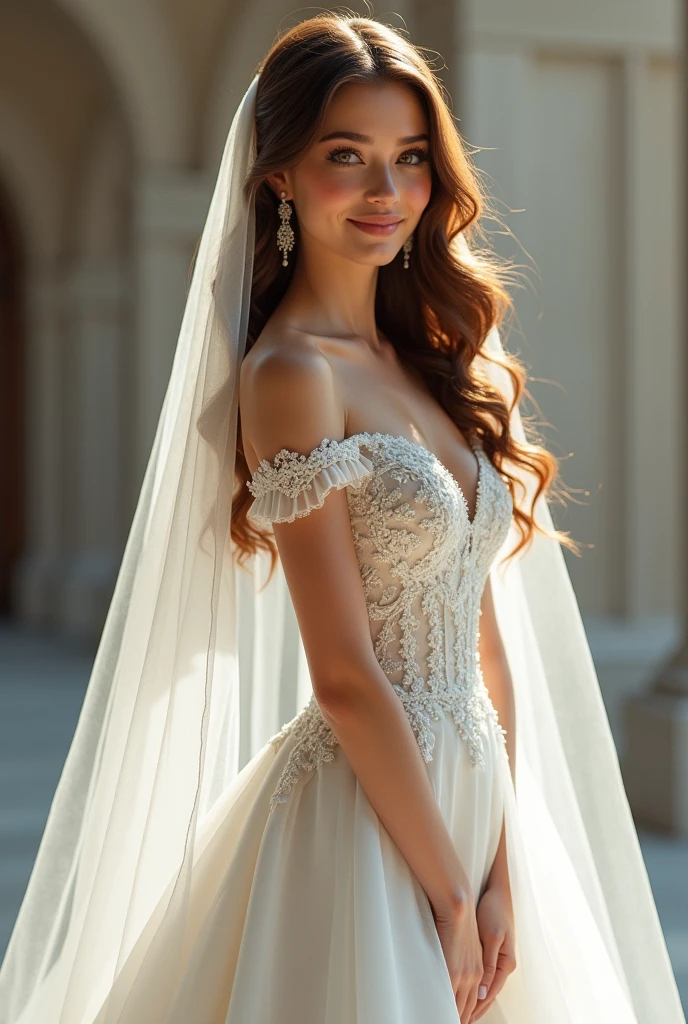 black hair woman , gray eyes , in a princess style wedding dress standing in a Russian cathedral 