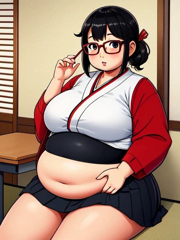 Masterpiece, 1girl, solo, Japanese student, teen, round face, fat face,fat, chubby, round belly, plump body, her appearance reflects her intelligence and introverted personality, (she's wearing a black Japanese school uniform and red glasses)
