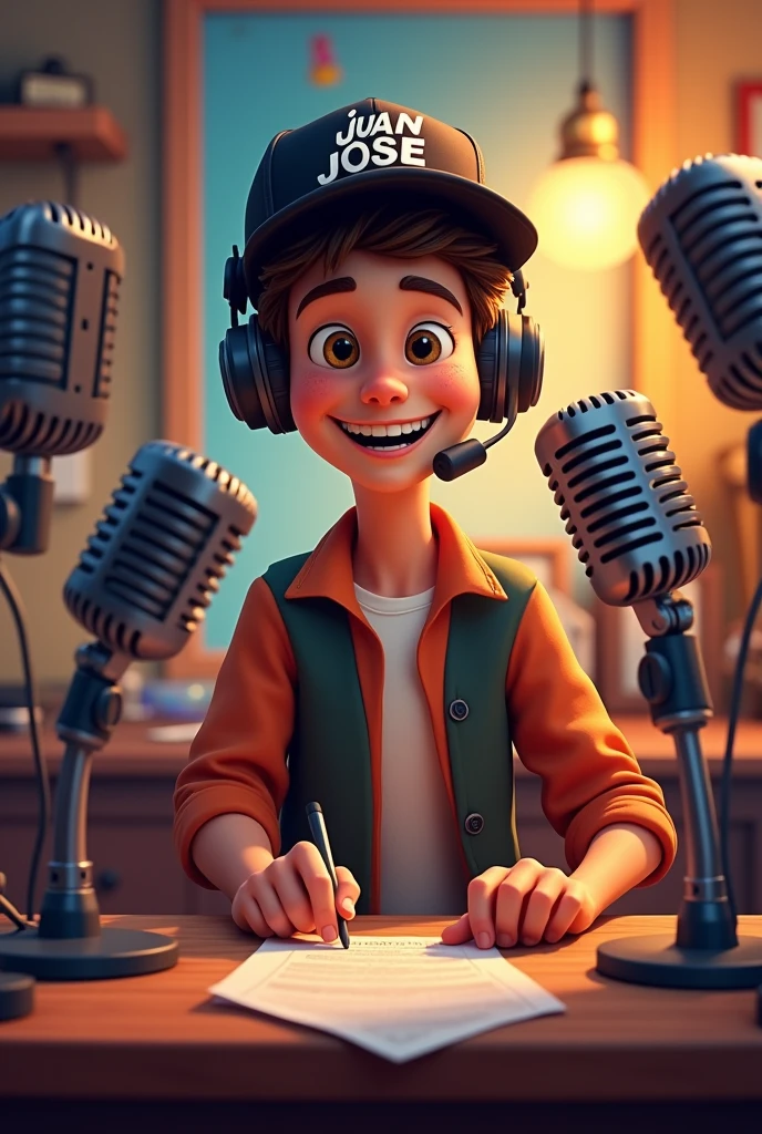 Create a Disney Pixar style poster of a young man working on a radio as an announcer with a black cap with the name Juan José 