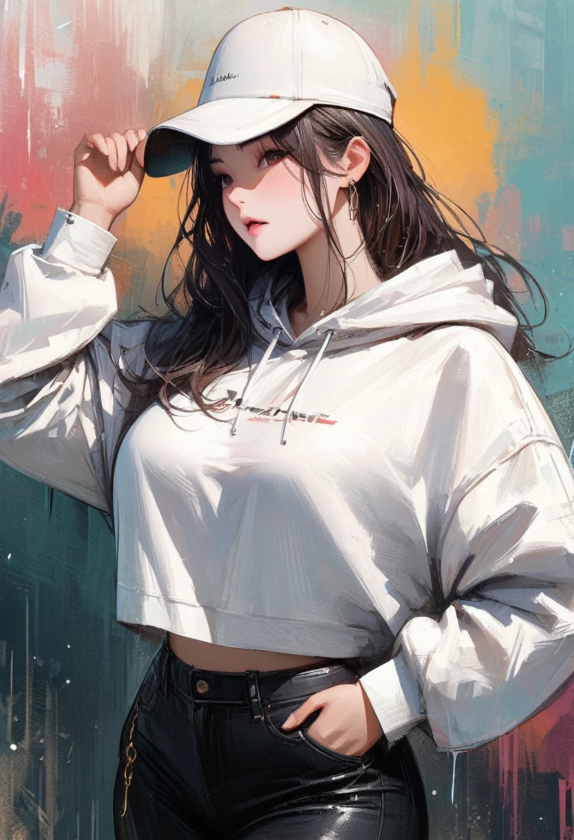 (masterpiece, See the details、Realistic texture with precise expression、Best Quality, Balayage highlighting:1.2), 1 girl, Alone、Gal、Splash、Sulky face、Cool vibe、(White crop top hoodie、Black leggings,whole body、(Big Breasts)、Sturdy body、Gold Anklet、Standing with a cap on)
