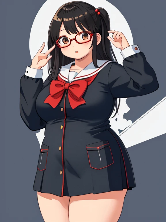 Masterpiece, 1girl, solo, Japanese student, teen, round face, fat face,fat, chubby, round belly, plump body, her appearance reflects her intelligence and introverted personality, (she's wearing a black Japanese school uniform and red glasses)
