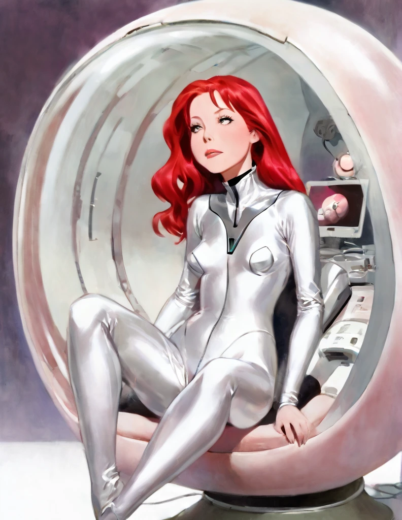 Pale Middle aged red haired Woman wearing a silver sci-fi body suit. She has a calm dead pan expression. She is walking in a scifi space ship. A  small window with a view of space is behind the woman in the background. There are withered brown decaying corpses both male and female laying on the where tattered green body suits. The  woman is walking around the (2-3) corpses that are laying on the ground.