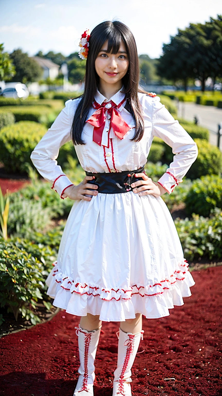 (8k、RAW Photos、Best Quality、masterpiece:1.2)、(Realistic、Realistic)、1 person、((dress、Cleavage、shirt、ミニskirt、Red and white、check、Frills、skirt、Black and white、whole body、View from the front、Stand with hands on hips、boots、uniform、garden、Looking into the camera))、cute