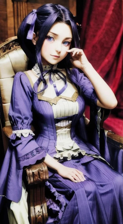 (very detailed), sharp focus, big breasts, close up of face, dress, 2 collections, purple ribbons, by the purple, blue eyes, sitting on a throne