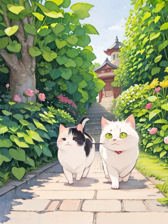 (masterpiece),(Best Quality),(Very detailed),(High resolution),((Line art)),((watercolor)),16k,wallpaper,三毛猫のVery detailedな絵、Insane Details、Very detailed猫、My house where a calico cat roams、Calico cat Munchkin walking on the promenade、Old townscape of Japan、A path lined with plants、tree々Sunlight shining through、Another World、The creation of silence、Long Shot、The subject is small、