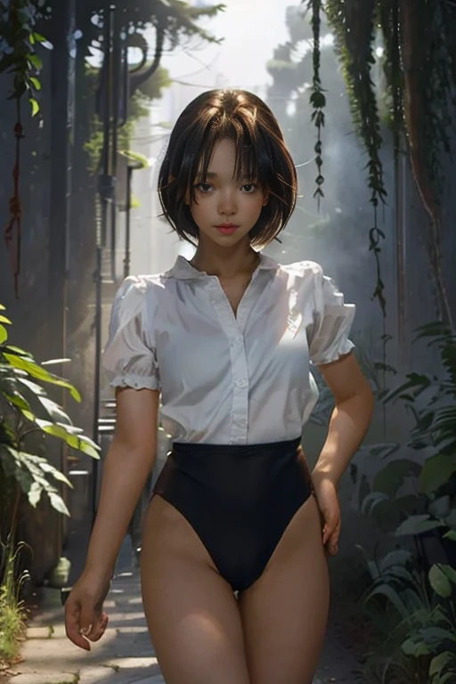 (masterpiece, highest quality),  (夜のdark森), One Girl, young teen, Black gymnastics bloomers, High leg、white blouse, standing in night forest、Anxious expression, 