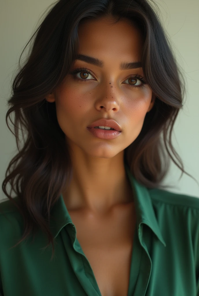 Make a brunette girl with freckles.. (medium brown skin) showing her tongue and a submissive face with her huge and visible breasts, dressed in a student uniform.