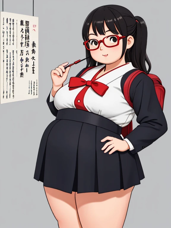 Masterpiece, 1girl, solo, Japanese student, teen, round face, fat face, fat, chubby, round belly, plump body, looks at the camera with a concern look on face, her appearance reflects her intelligence and introverted personality, (she's wearing a black Japanese school uniform and red glasses)
