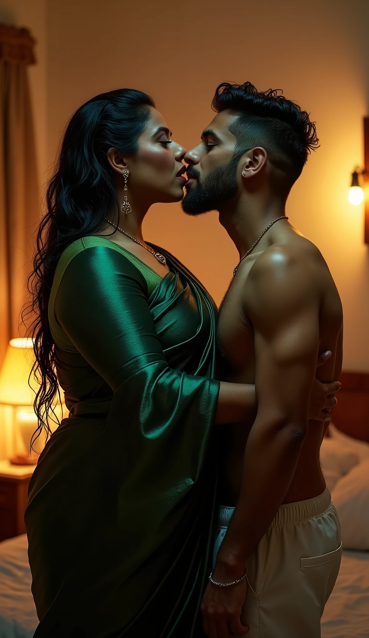 Office scene, photo taken from side, A very beautiful plus sized South Indian 35 year old aunty, naked , hugging and kissing the lips of a man standing next to her, and she looking at him, captured in a full-body image with vibrant hues and meticulous details. Full body image