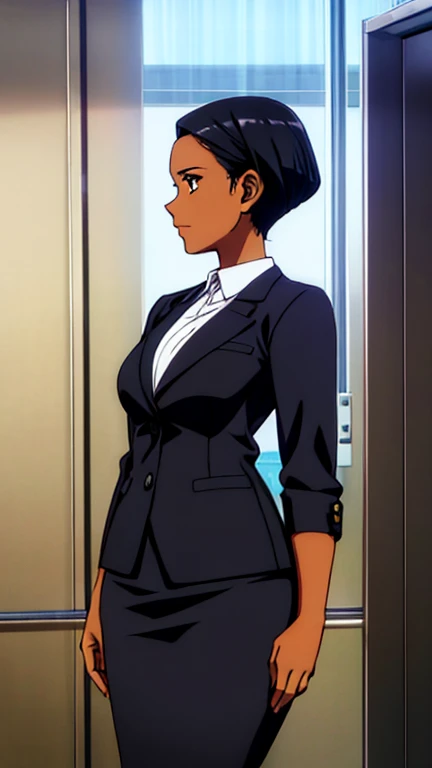 A modern-day illustration of a black skinned business woman in a skirt suit