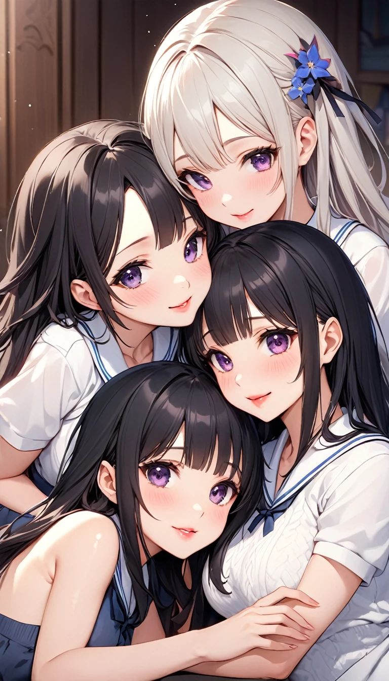 3woman,blowjob,3woman side by side,black hair,short hair,tongue out,sweaty,blushed,suffering,bukkake on face,,at nightclub,girls licking 1penis,from above,bukkake on face,cum splashing,