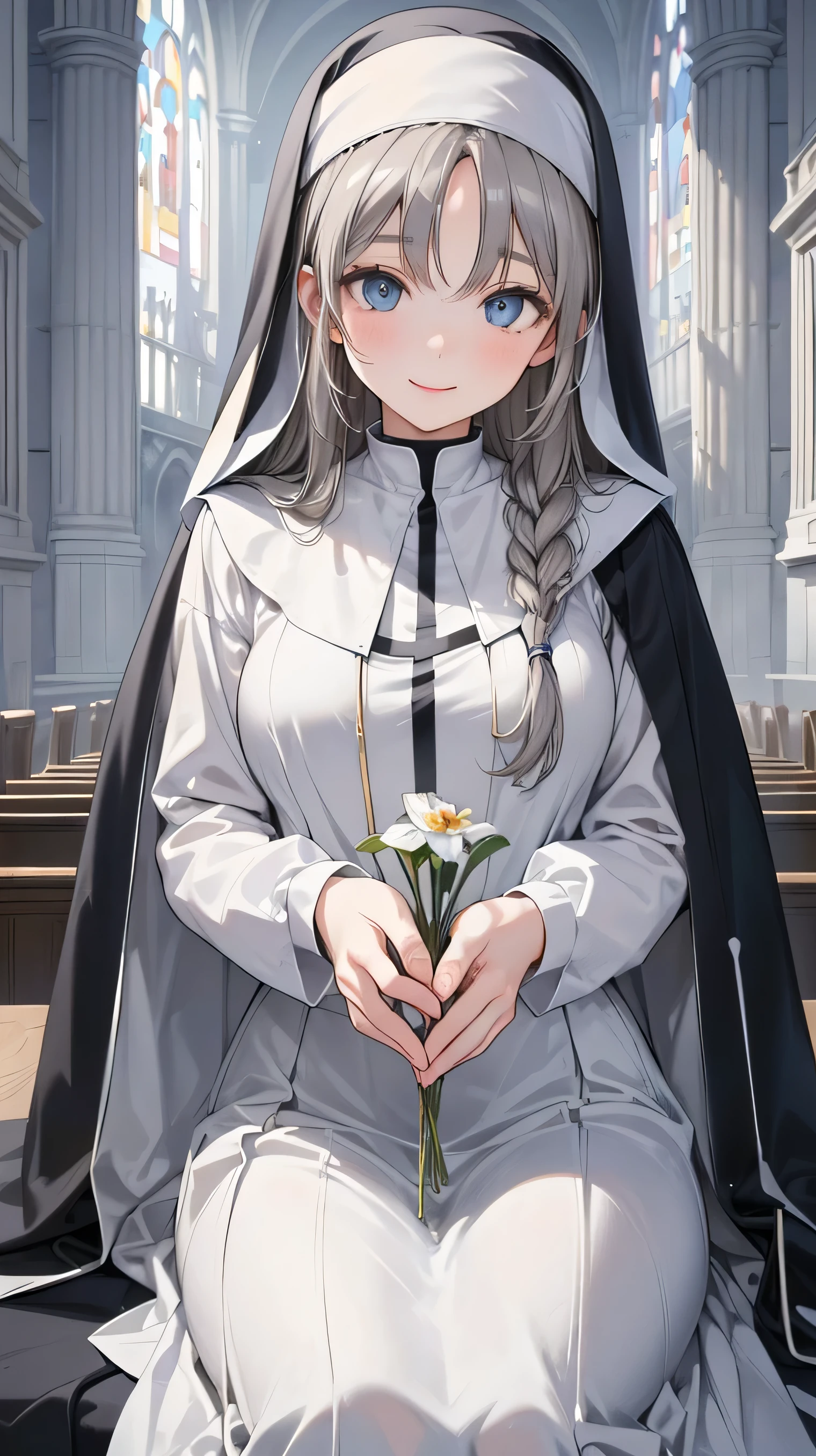 8k resolution,((Best Quality)),Ultra-high resolution,Adult women, Alone, sexy, (A kind smile), (Blue eyes), A beautiful, symmetrical face, (Gray neat long hair),Elegant nun clothing,Long skirt,White nun hood,Realistic:1.4,Realistic:1.4,(masterpiece:1.2),Perfect Eyes,Perfect Eyes,church