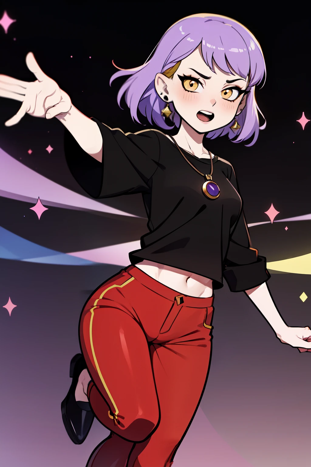 (masterpice, best quality), AmityBlight, makeup, black earrings, yellow eyes, short hair, (purple hair:1.4), pointed ears, black shirt, amulet, (red pants:1.5), standing, dynamic pose, naked