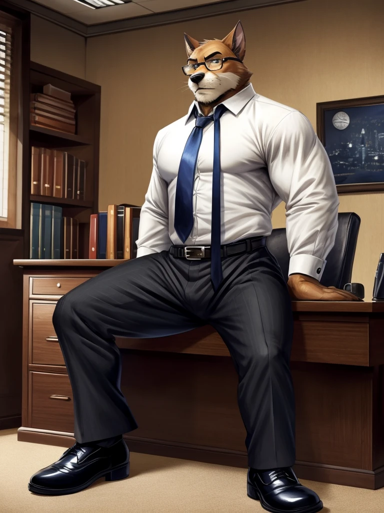 solo, male, brown and dark brown german shepherd, bottomless, (dark gray suit with red necktie, pants pull down, pants_down, brown shoes), brown pubes, showing his vagina pussy, (Portrait Focus), head to foot, sitting on a chair, looking at viewer, high detailed, masterpiece, office room background, by Meesh