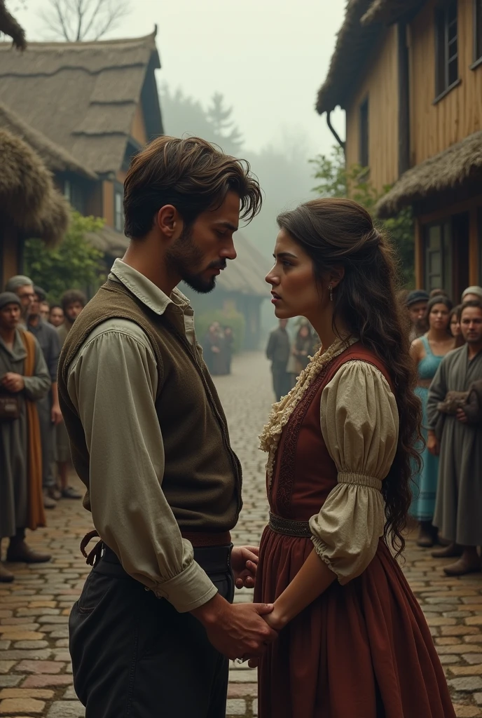 Couple in their 50's, they look into each others eyes, renaissance clothing, mideaval village in the background