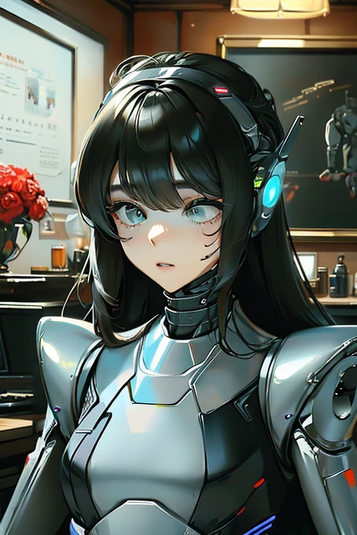 (masterpiece),(Highest quality),(Super detailed),(Best illustrations),(Best Shadow),(Absurd),(Detailed Background),(so beautiful), 16K, 8K, 4K,(Best Shadow),empty eyes,robotization,woman ,big bust,Robot Joint ,Metal skin,Black Suit,long hair,a black suit that covers the whole body,robot hand,cyber bodysuit,mecha head,cyborg eye,robotization, transforming into robot,(Detailed hands and fingers:1.2)