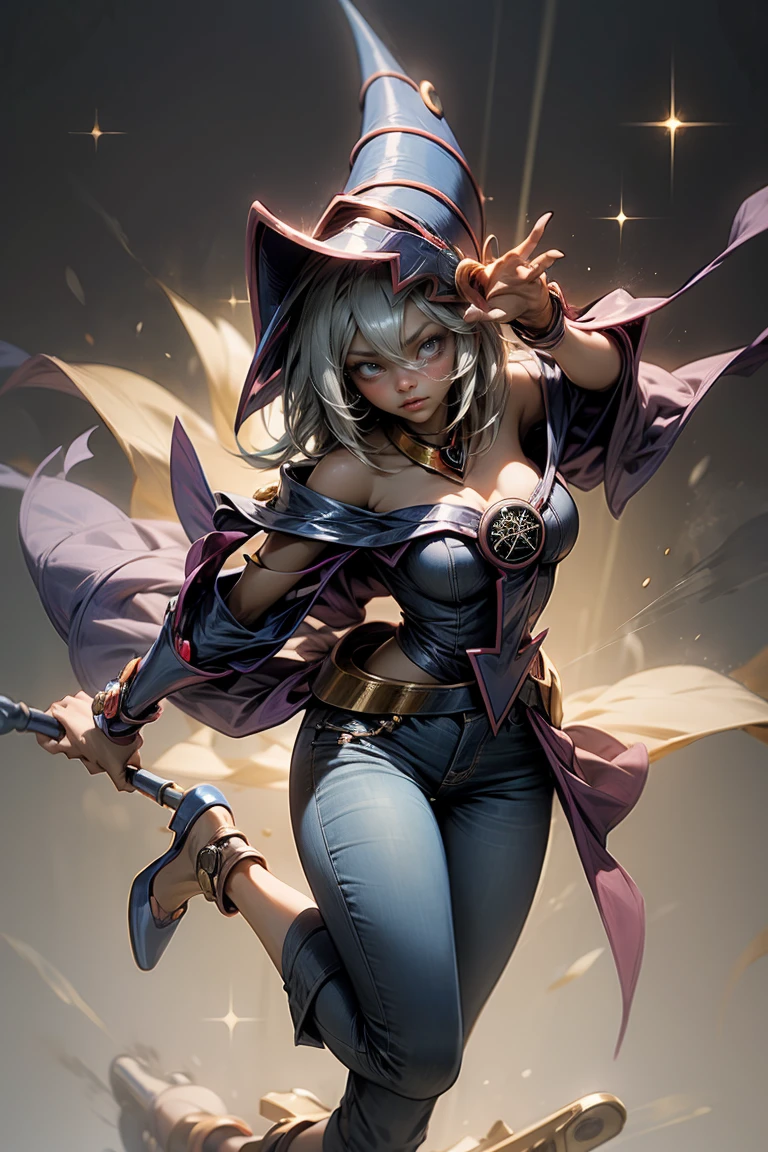 (Masterpiece:1.2), (The best quality:1.2), perfect lighting, Dark Magician Girl casting a spell, smiling. happy. in battle. floating in the air, big and visible tits, wear jeans and heels. transparent neckline, blue robe, big hat, From above, sparkles, Yugioh game, The magic of the heart, romantic heart.