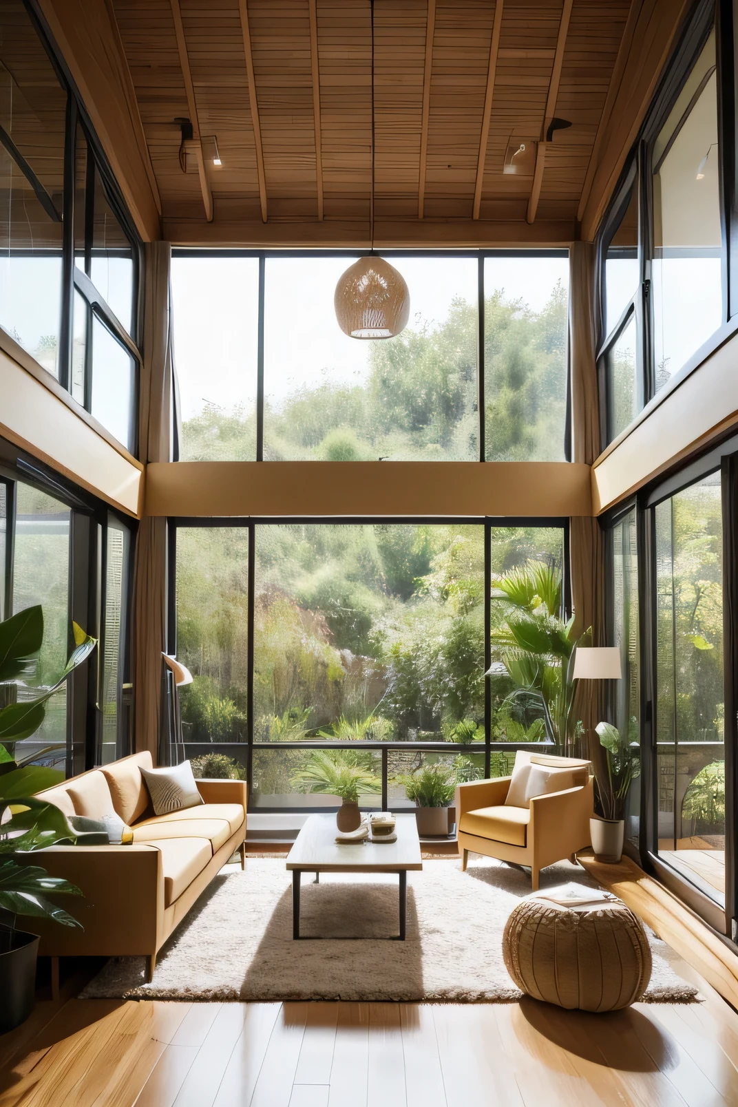 This image shows an architecturally striking living room，With high ceilings and large glass windows，Panoramic views of lush greenery. The interior design has a modern yet comfortable aesthetic, Furnished with a range of dark-toned furniture，Give the space a luxurious feel. Seating consists of plush sofas and armchairs，Arranged around a central low coffee table. Additionally, Room decoration with various lighting options, Books, and decorative items that add personality and warmth.. The space effortlessly blends indoor luxury with the beauty of the natural surroundings outdoors.