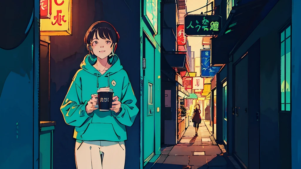 
A high-quality 16:9 image of a young Korean girl with brown, semi-long hair, standing on the balcony of apartment complex. She is enjoying a warm coffee while gazing out at a serene city night view. The woman is facing left, smiling as she looks at the cityscape. She is dressed in a gray hoodie and white pants, holding the coffee cup in her hands. The  background shows a clear night sky with a peaceful cityscape. The atmosphere is bright and warm, evoking the feeling of 1980s Japanese animation with a cel-shaded look and simple, flat color tones, typical of that era.Best eyes.
One Woman, Black Hair, headphone, midnight tokyo, neon, window. Room turntable, In the style of neon realism, Charming character, action, Gadget Punk, solapunk, Colorful cityscape, Crimson and amber, Neon Black, Soft lighting, night, nighttime, Realistic, red lighting, Green lighting, Hard Shadows, masterpiece, Highest quality, complicated, Model shooting style, Vintage, Film Grain, Incomplete details