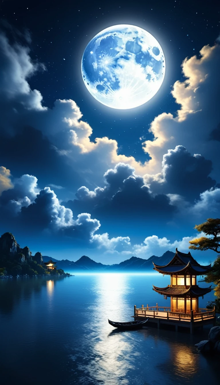 In the night sky of Mid-Autumn Festival，A magnificent full moon hangs high in the sky，Illuminating a Serene Landscape，Soft clouds drift by，Magnificent，Full of atmosphere，Hyperrealistic digital painting，Cinematic light and shadow effects，3D Rendering，The moonlight shines soft silver and deep blue，Slightly golden glow，8k ultra-high resolution，Extreme details，Panoramic view，Magnificent scene。