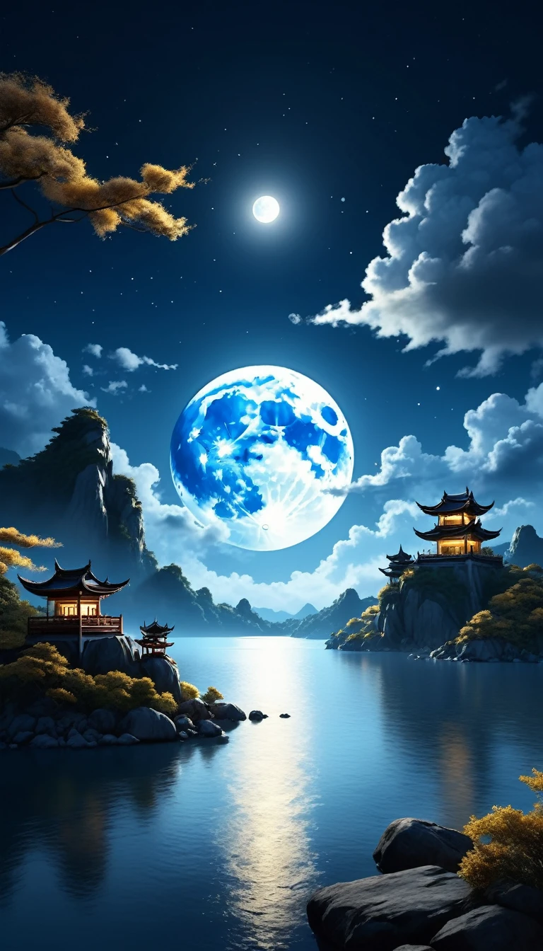 In the night sky of Mid-Autumn Festival，A magnificent full moon hangs high in the sky，Illuminating a Serene Landscape，Soft clouds drift by，Magnificent，Full of atmosphere，Hyperrealistic digital painting，Cinematic light and shadow effects，3D Rendering，The moonlight shines soft silver and deep blue，Slightly golden glow，8k ultra-high resolution，Extreme details，Panoramic view，Magnificent scene。