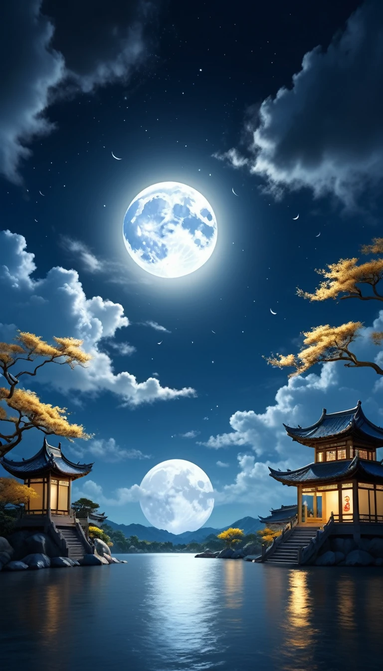 In the night sky of Mid-Autumn Festival，A magnificent full moon hangs high in the sky，Illuminating a Serene Landscape，Soft clouds drift by，Magnificent，Full of atmosphere，Hyperrealistic digital painting，Cinematic light and shadow effects，3D Rendering，The moonlight shines soft silver and deep blue，Slightly golden glow，8k ultra-high resolution，Extreme details，Panoramic view，Magnificent scene。