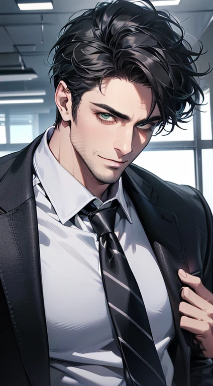 (best quality,4k,8k,highres,masterpiece:1.2),ultra-detailed,(realistic,photorealistic,photo-realistic:1.37),1 man,3,mature man,very handsome,without expression,smile,short grey black hair,green eyes,penetrating gaze,perfect face without errors,imposing posture,businessman,office background,cinematic lighting,hdr image