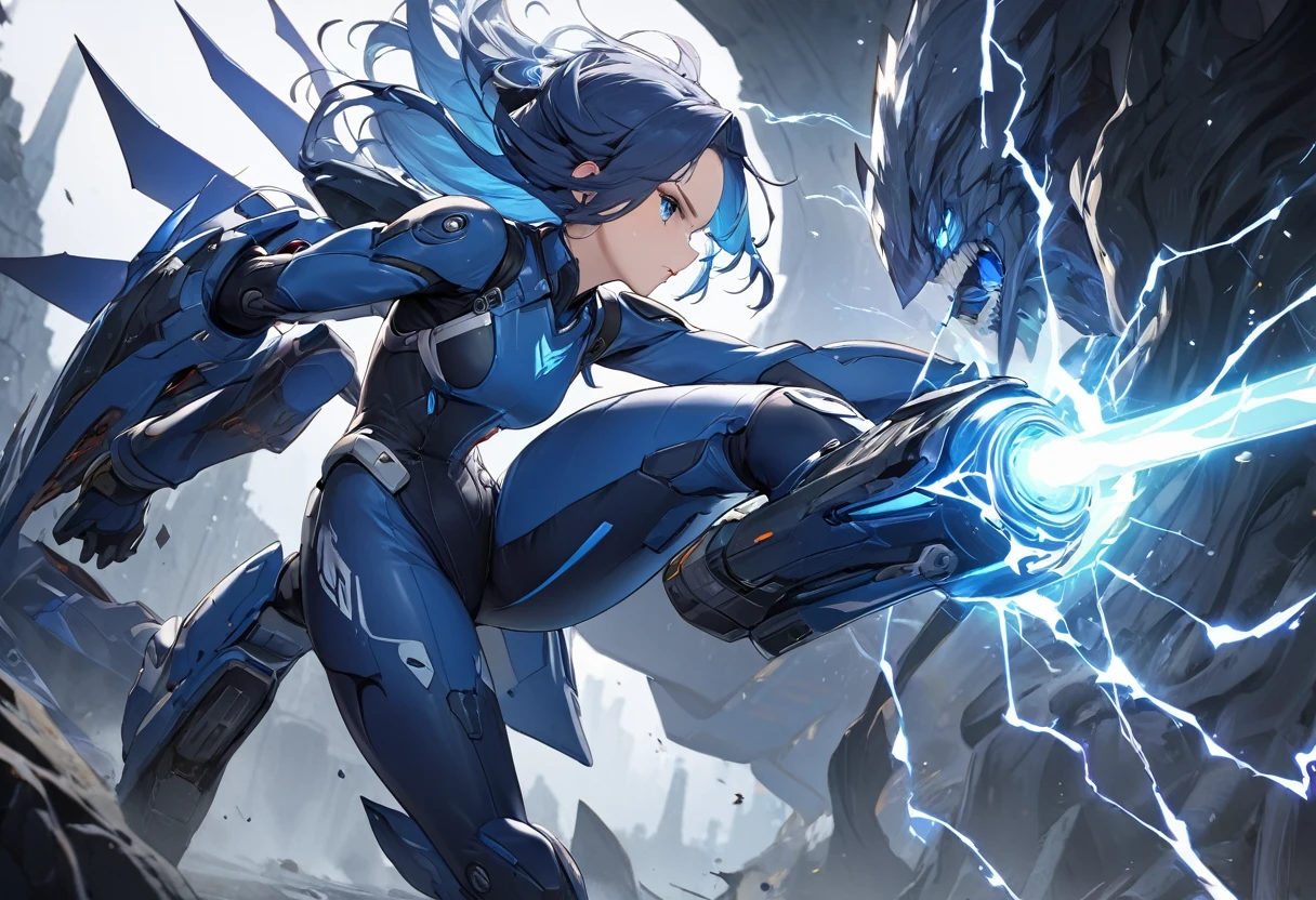 score_9, score_8_up, from above, focus on the face, 1 girl, looking at the viewer, running, smile, bodysuit, helmet, electricity, night, on the desert, speed line, <lora:Character_First Decendent_bunny:1>
