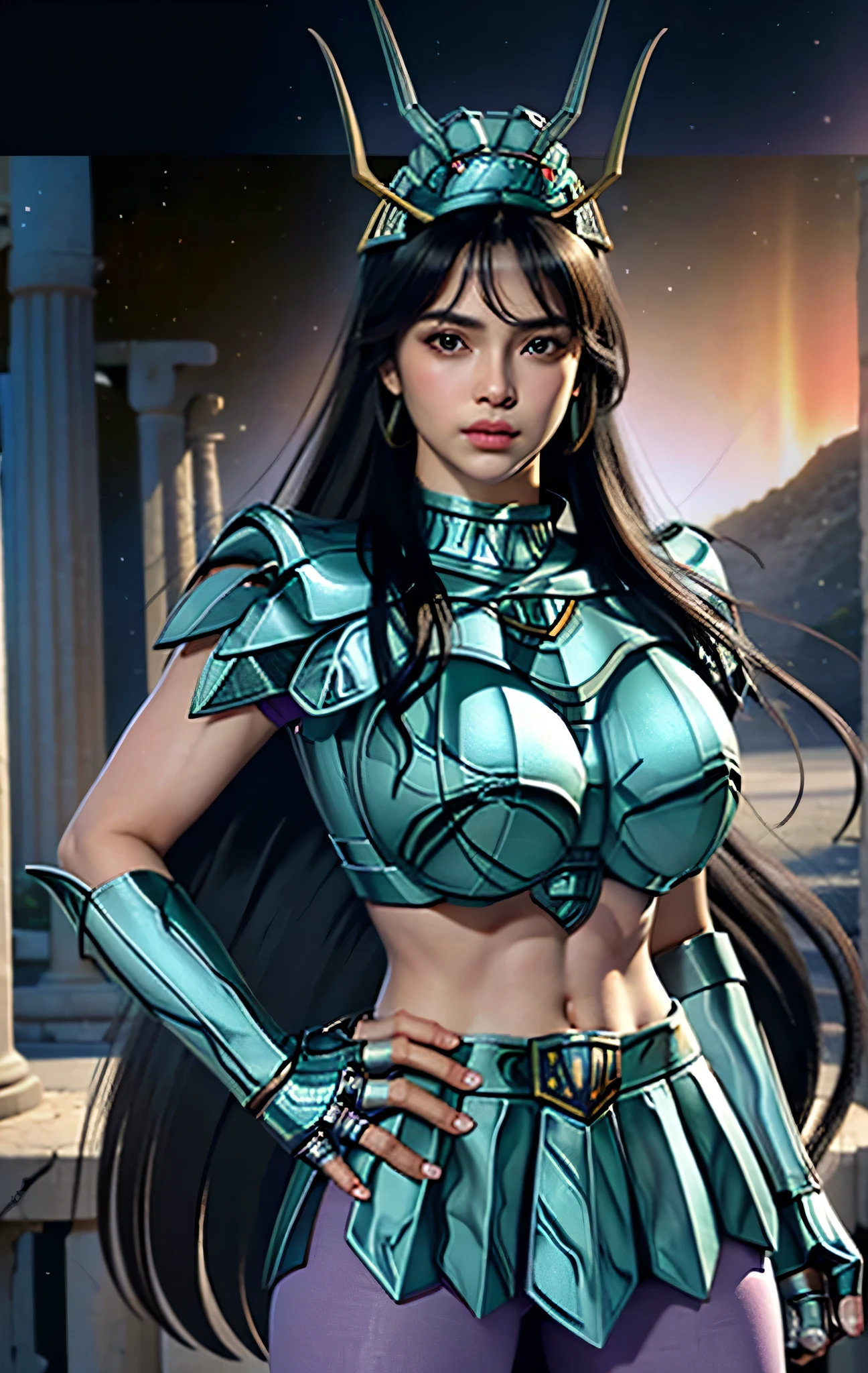 masterpiece, best quality, ultra high res, realistic skin texture, armature, (photorealistic:1.4), high resolution, raw photo, shiny skin, realistic skin texture, best lighting, sparkle, dramatic lighting, dynamic pose, (greek temple background:1.3), night sky, cosmos, milky way, 1girl, (medium breast:1.1), balanced eyes, Dragon Shiryu wearing green silver armor, purple pants, purple short sleeve shirt, wearing dragon helmet, roman skirt plate, (breast plate:1.5), very long hair, shield, cleavage,