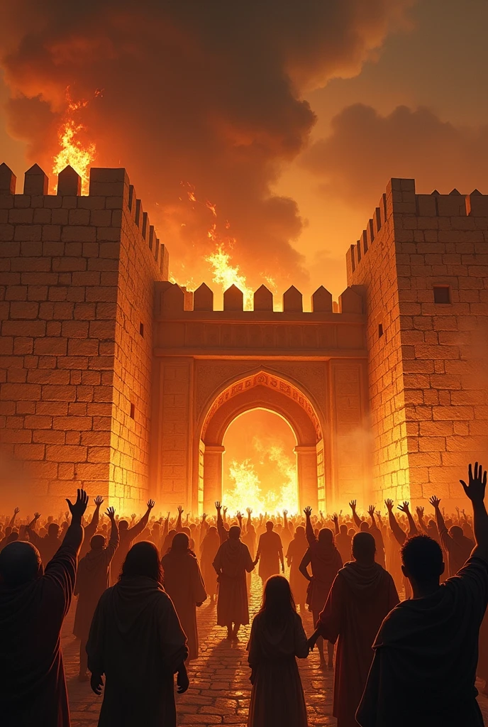 Destruction of Jerusalem in the siege of 70 AD in comic drawing, dramatic effects, flames, houses being destroyed, people fleeing, swords, death, scene of total destruction, movie lights, color of cinema