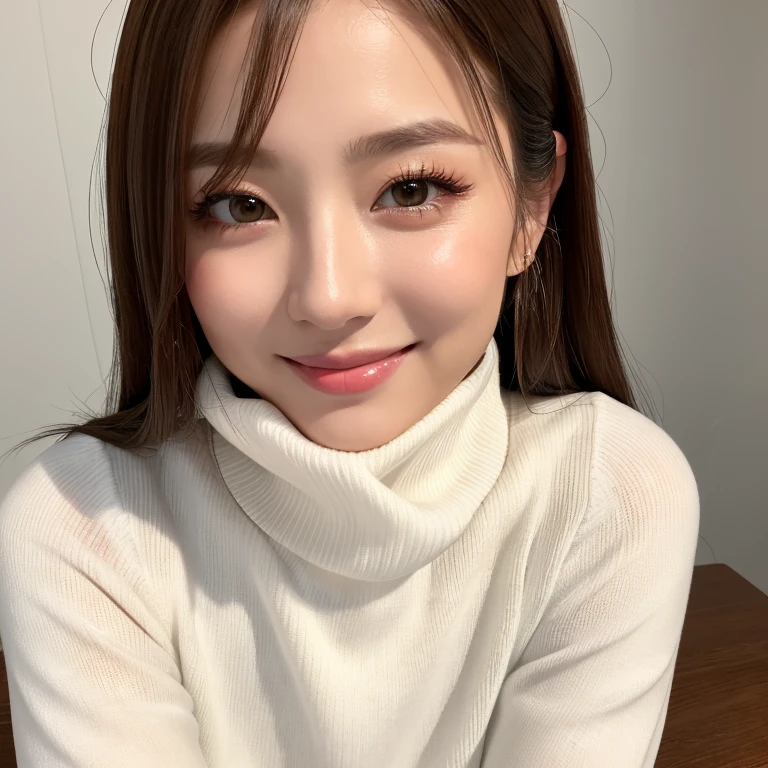 (highest quality、table top、8k、best image quality、ultra high resolution、Award-winning work)、one beautiful woman、alone、accurate anatomy、(close up of face:1.2)、(Perfect white turtleneck long knit sweater:1.2)、smooth long knit sweater、Ultra high resolution for beautiful, lustrous and moisturized skin、ultra high resolutionの美しい顔、ultra high resolutionの煌めく瞳、Ultra high resolution perfect teeth、ultra high resolutionの髪の毛、look at me and smile、perfect makeup、that&#39;s right、Precise and perfect white knit、(simple background:1.3)