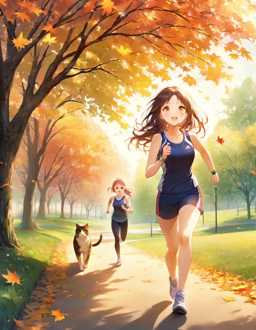 A woman and a cat jogging in the park amid falling leaves、A woman is jogging、A cat is running alongside him happily.。The woman is wearing sportswear、Vibrant autumn leaves in the background。The cat is also running happily、I chase after her with light steps。clear々A beautiful autumn landscape spreads out before you.。