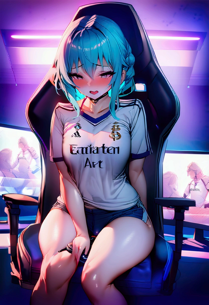 (best quality, work of art),sexually,  erotic, 18+, nsfw1 , 1 , dressed in the Real Madrid shirt, Aqua de Konosuba, 4K image quality , Standing, upright posture, holding the ps5 controller, short shorts ,  Sitting in the gaming chair 