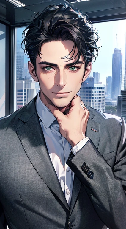 (best quality,4k,8k,highres,masterpiece:1.2),ultra-detailed,(realistic,photorealistic,photo-realistic:1.37),1 man,3,mature man,very handsome,without expression,smile,short grey black hair,green eyes,penetrating gaze,perfect face without errors,imposing posture,businessman,office background,cinematic lighting,hdr image