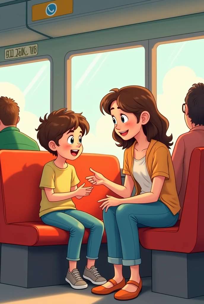 illustration. 8-year-old boy giving up his seat to a woman with a baby on the bus.