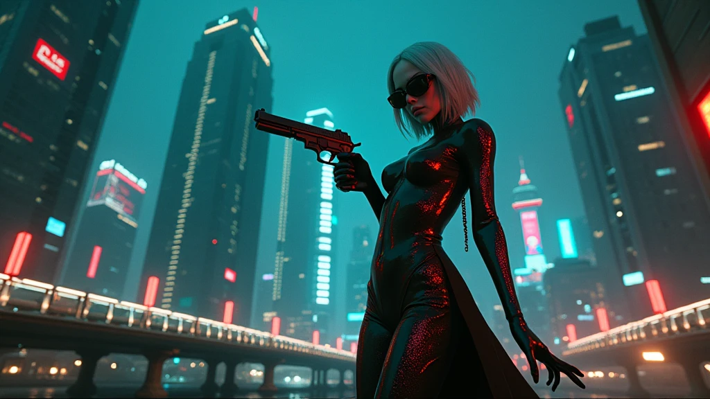 (Wide angle view). Blade Runner style futuristic city, simple outlined transparent neon tall buildings, glowing giant clock tower, flying cars, helicopter, lightning, 3D rendering Beeple. At night, (1girl, solo, alone), photorealistic, medium-breast slim:0.6 body, oval:0.6 face, cleavage:1.1, sexy black laced bra, glove, deep-V, (very low angle view of miniskirt), white laced panty, coat, (Matrix style black micro sunglasses), ((aiming viewer with a short gun)), (running pose), (half-body thigh level close-up shot), cinematic lighting, ray tracing.