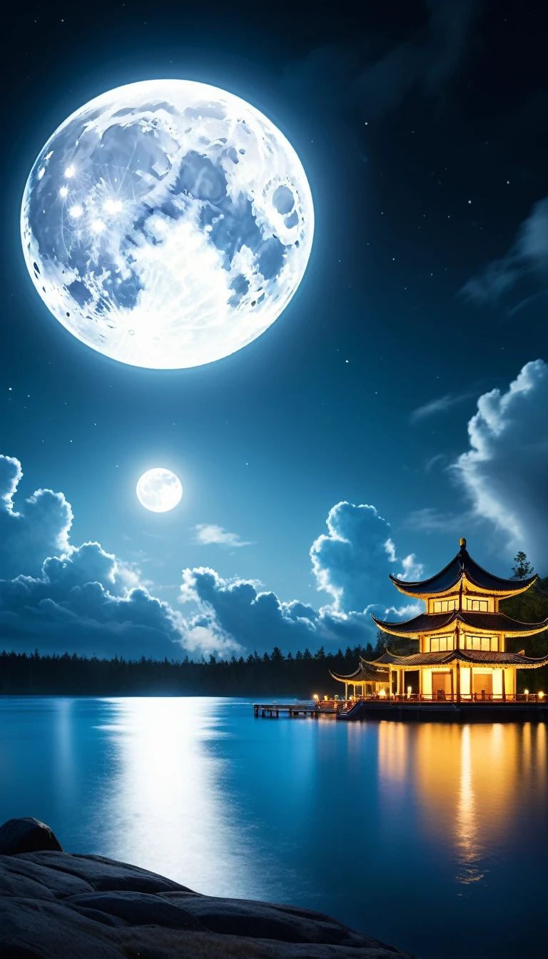 Landscape Photography，author：Mikko Lagerstedt，In the night sky of Mid-Autumn Festival，A magnificent full moon hangs high in the sky，Illuminating a Serene Landscape，Soft clouds drift by，Magnificent，Full of atmosphere，Hyperrealistic digital painting，Movie-like lighting effects，3D Rendering，The moonlight shines with golden light，8K超high resolution，Extreme details，Panoramic view，Magnificent scene。（RAW photos，Best quality），（reality，照片reality感：1.3），masterpiece，Extremely exquisite and beautiful，high resolution，Original，Perfect lighting，（Extremely detailed CG：1.2），unified，Amazing，Fine details