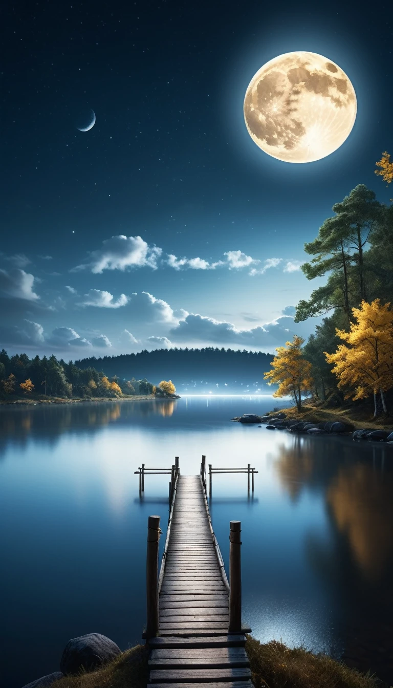 Landscape Photography，author：Mikko Lagerstedt，In the night sky of Mid-Autumn Festival，A magnificent full moon hangs high in the sky，Illuminating a Serene Landscape，Soft clouds drift by，Magnificent，Full of atmosphere，Hyperrealistic digital painting，Movie-like lighting effects，3D Rendering，The moonlight shines with golden light，8K超high resolution，Extreme details，Panoramic view，Magnificent scene。（RAW photos，Best quality），（reality，照片reality感：1.3），masterpiece，Extremely exquisite and beautiful，high resolution，Original，Perfect lighting，（Extremely detailed CG：1.2），unified，Amazing，Fine details